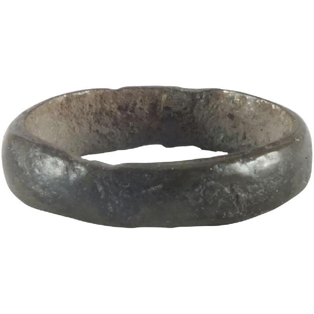 VIKING WOMAN’S WEDDING RING, 866-1067 AD: No Reserve! Bronze, small size 3/4. Medium width band with rounded face. Dark patina with glossy surface mottled in color. Vikings exchanged rings on the pommel of the groom’s sword. No Reserve: Thi