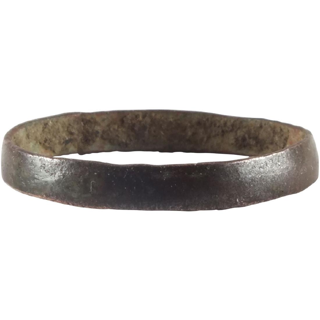 RARE VIKING WEDDING RING, 900-1050 AD: No Reserve! Copper, size 7 3/4. Medium width band with rounded face. Good glossy green patina. Vikings were expert metallurgists and the use of pure copper is rare and suggests a supernatural signific