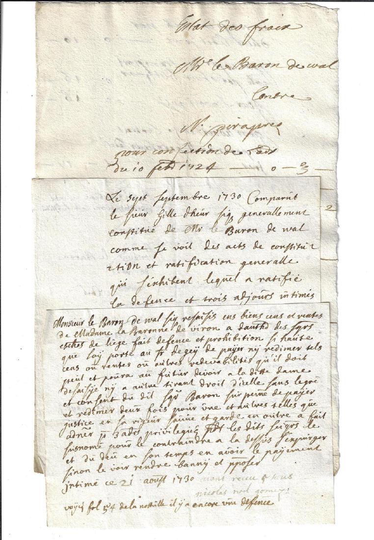 1730 Lot of Manuscipts Baron de Wal Liege (1 of 2)