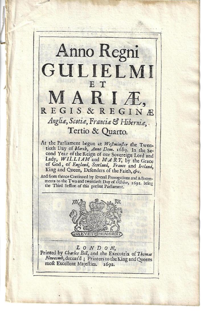 1692 English Act William and Mary Liquor (1 of 2)