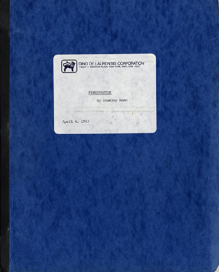 (KING, STEPHEN, SOURCE) FIRESTARTER (1983) Vintage: Screenplay by Stanley Mann Based on the novel by Stephen King FINAL DRAFT (shortened version) April 4, 1983. Universal City, [CA]: Dino De Laurentiis Corporation, 1983. Quarto, stiff boards with print