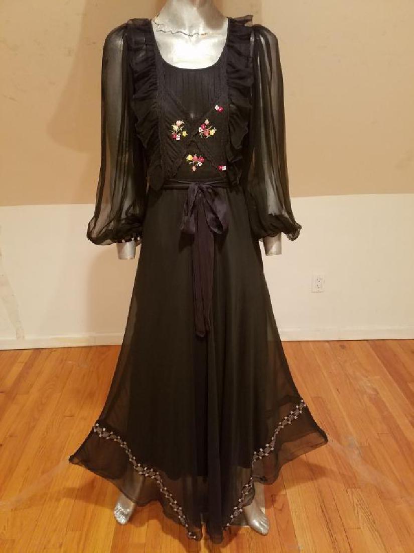 Vtg French Campagne silk chiffon maxi dress hand: No Reserve! This is a monumental silk chiffon dress/gown. Peasant campagne French from L'Ille France. magnificent details and floral hand embroidery with ruffled and embroidered ribbons and french lac