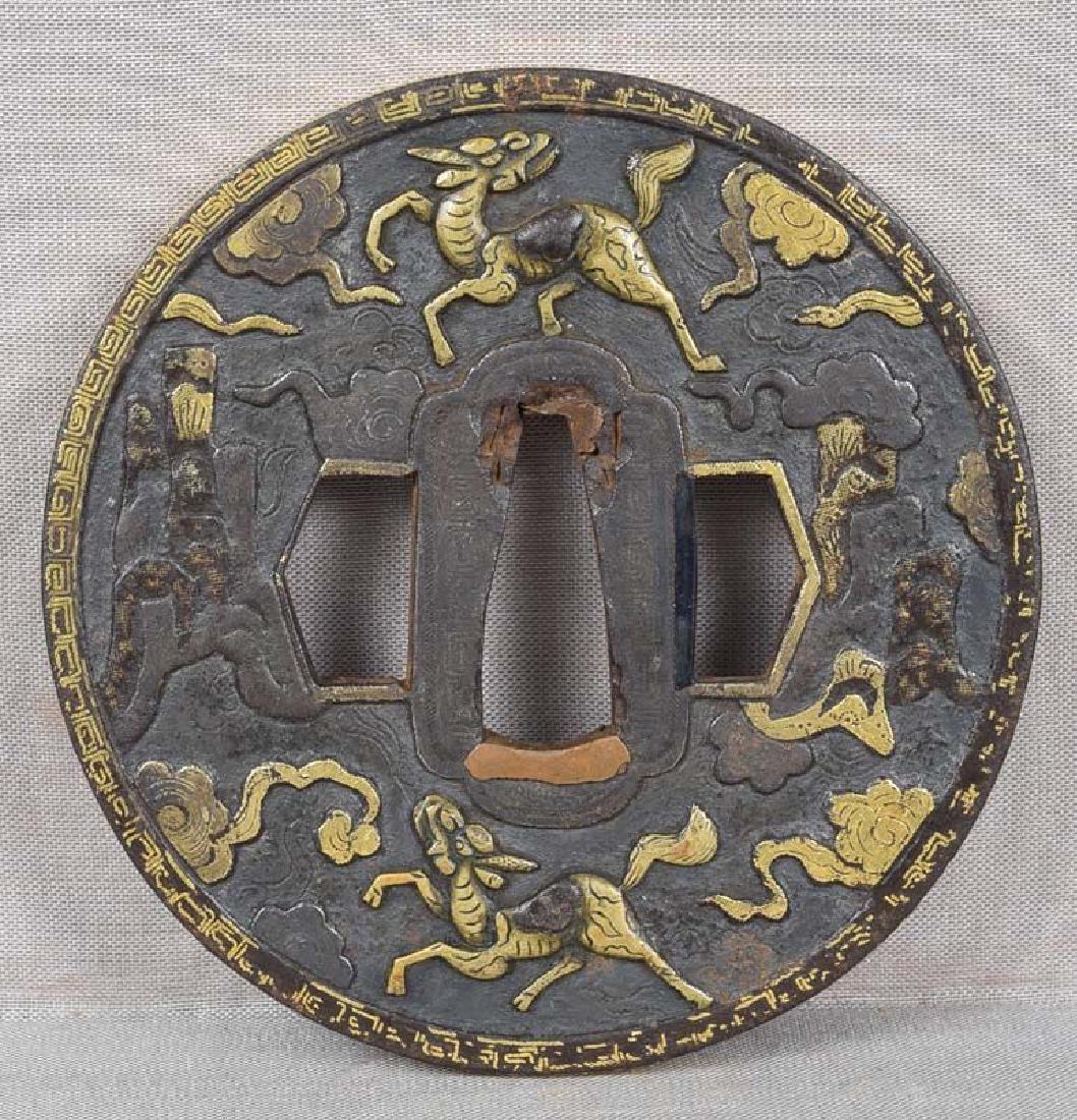 17/18c Japanese sword TSUBA KIRIN among rocks & clouds (1 of 6)