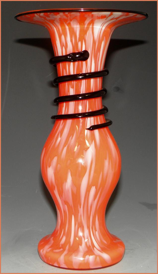 Czech Art Deco Vase_Orange Spatter Black Snake: Description: Czechoslovakian art glass vase,circa 1919 -1939, marked "Made in Czechoslovakia". GREAT COLOR. Maker: Likely Kralik Dimensions: 8" Tall Condition: EXCELLENT, no issues. Please note that t