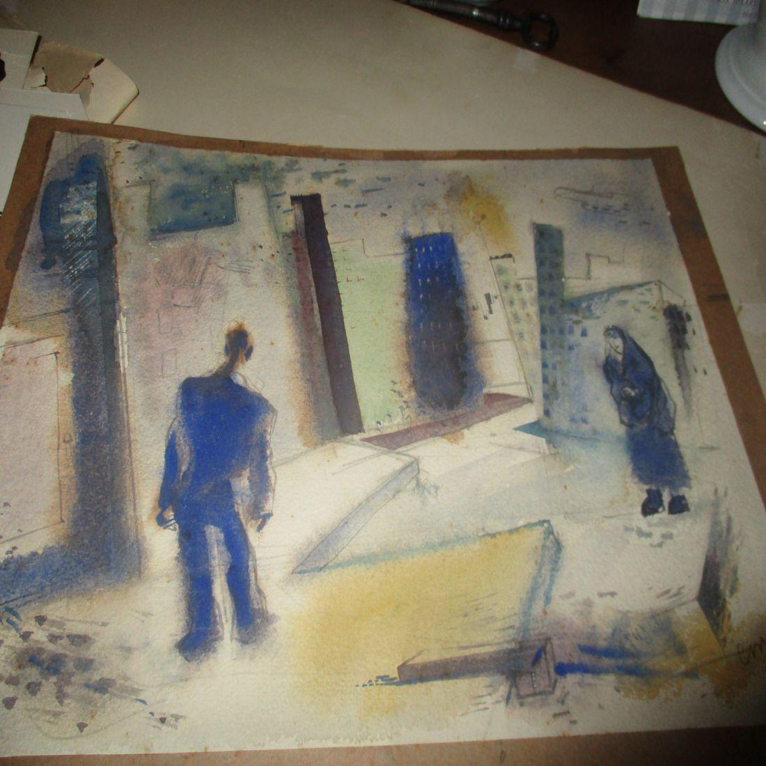 Clifford Johnson (Am. 20th century), "City Street": Clifford Johnson (Am. 20th century), "City Street" c. 1955 Watercolor on paper H. 9" x w. 13" Abstract expressionist work from the Honolulu Academy of Arts, c. 1955 Please note that this lot has a con