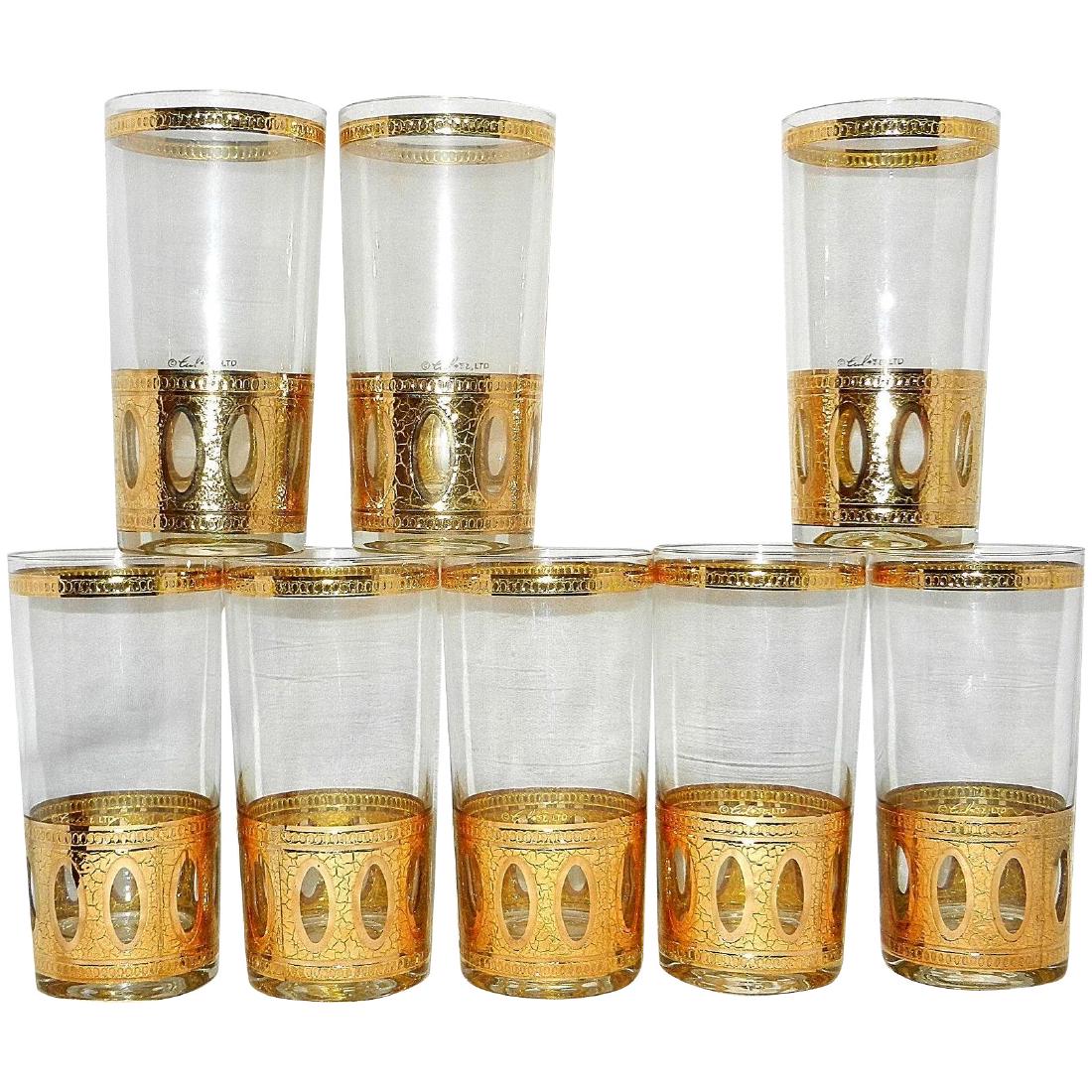 Vintage Culver Signed Antigua Mid-Century 22-Karat Gold: This Set of 8 Vintage Culver Signed Antigua Mid-Century 22-Karat Gold Highball Glasses is in excellent condition. NO chips, loss of gold, flea bites etc. Pattern is Antigua 22-karat gold - a perfect m