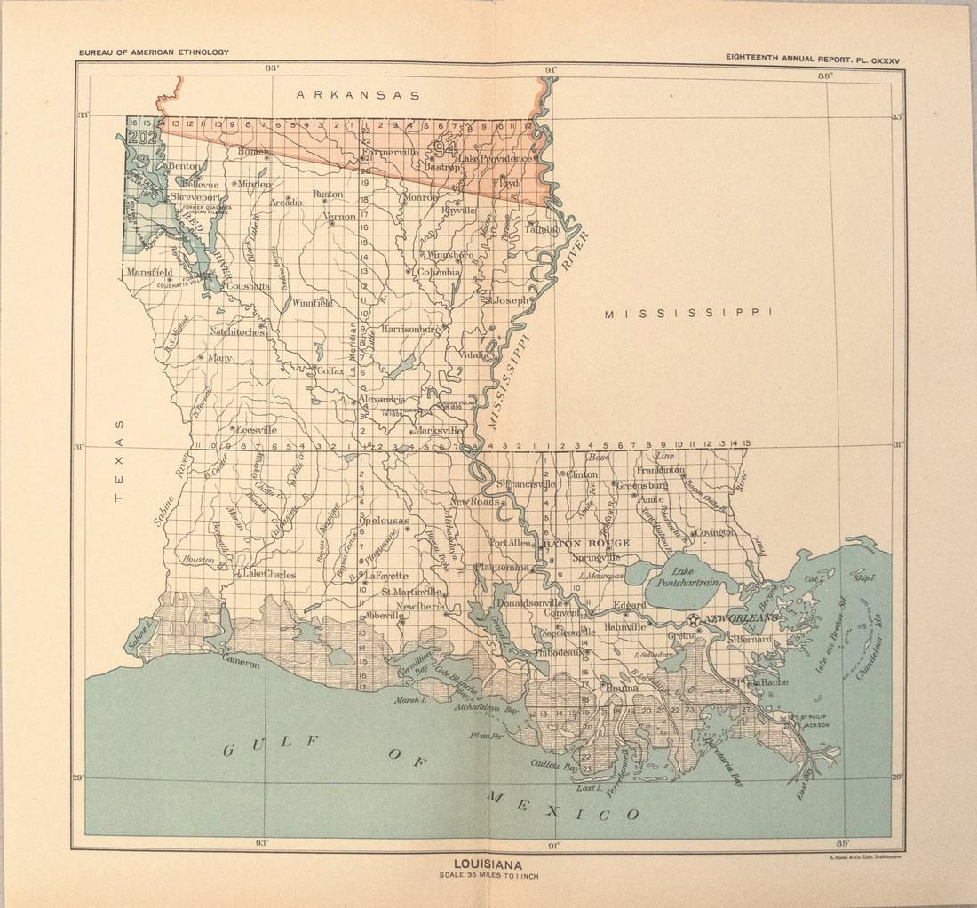 1899 US Dept. of Interior Survey Map of Louisiana --: Reserve Reduced! Title/Content of Map: 1899 US Dept. of Interior Survey Map of Louisiana -- Louisiana Date: 1899, Baltimore Cartographer: US Dept. of Interior / Bureau of American Ethnology Size: 9.3 