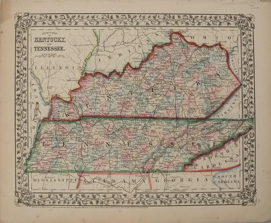 1867 Mitchell Map of Kentucky and Tennessee -- County: Reserve Reduced! Title/Content of Map: 1867 Mitchell Map of Kentucky and Tennessee -- County Map of Kentucky and Tennessee Date: 1867 Philadelphia Cartographer: S Mitchell Size: 10.5 x 13.4 in. A nice