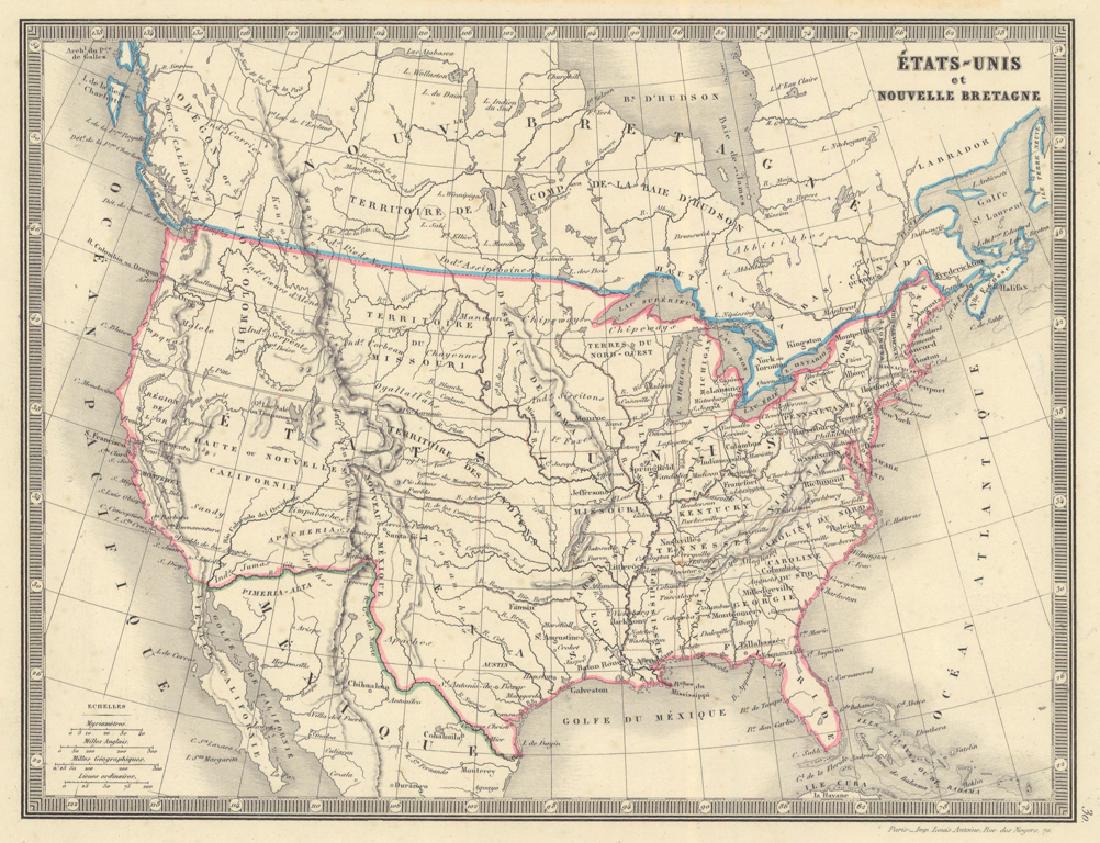 Etats-Unis Et Nouvelle Butagne: Reserve Reduced! Item: Etats-Unis Et Nouvelle Butagne Date: 1848 ca. Cartographer: Antonie, Louis Publisher: Monin & Vuillemin Size (inches): 8.5X11.3 From Atlas de Geographie. Gila R. s.w. boundary b