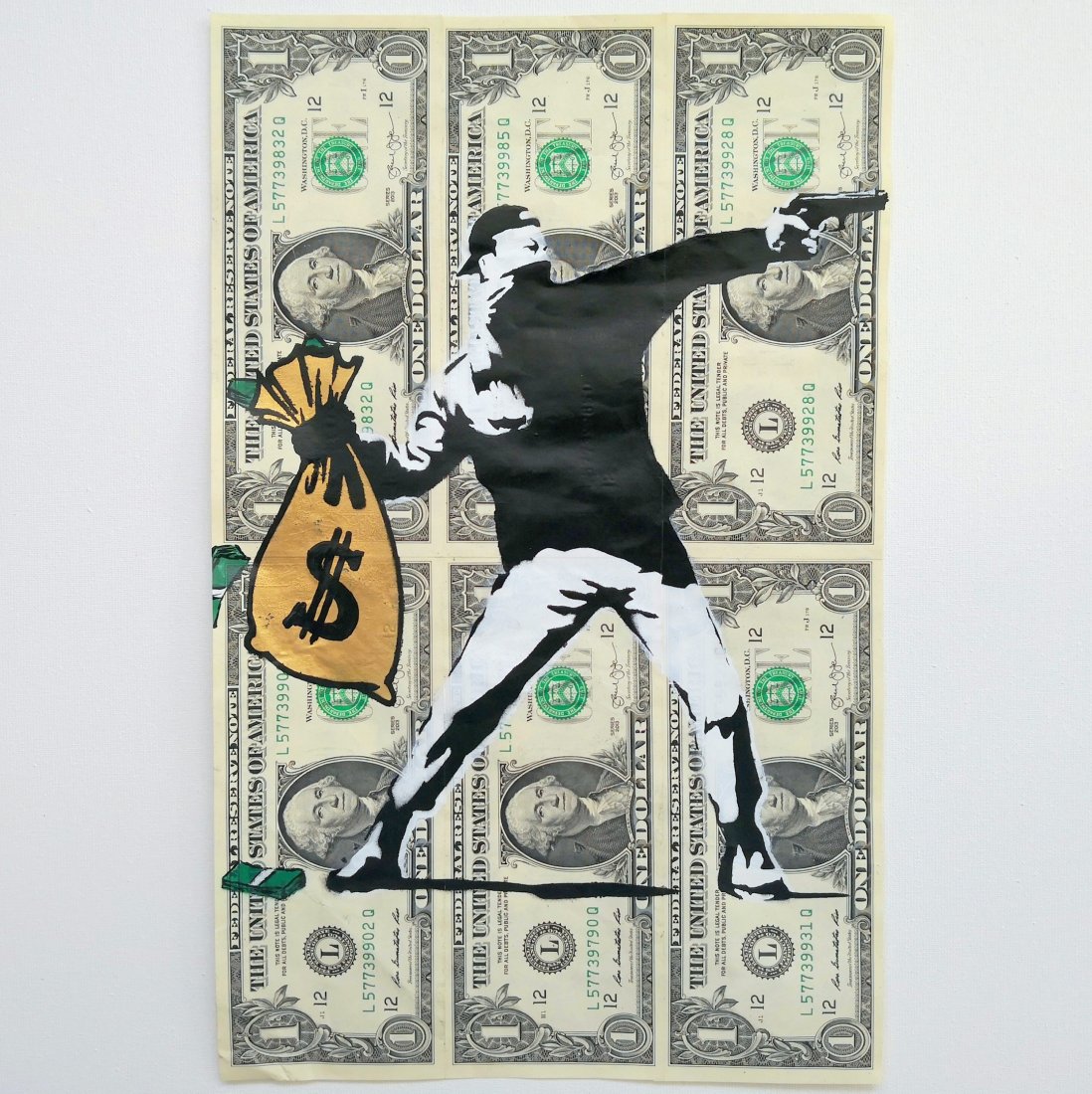 BANK thief: Reduced Reserve! New to Jasper52! BANK thief BASM Spray paint / stencil on American Dollar banknotes 31 x 19.5 cm [ 44 x 37 cm - FRAME ] You are bidding for '' BANK thief ''- BASM Original Painting / 