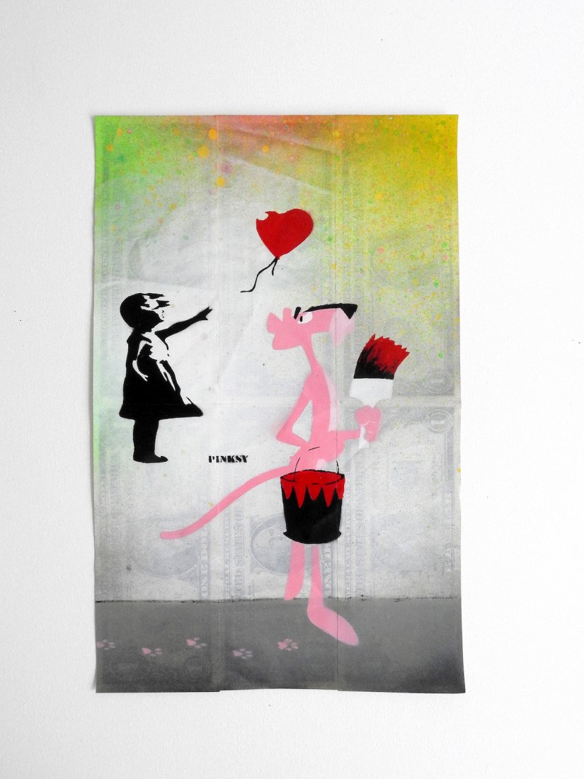 BASM PINKSY: Reduced Reserve! New to Jasper52! PINKSY BASM Spray paint / stencil on American Dollar banknotes 31 x 19.5 cm [ 44 x 37 cm - FRAME ] You are bidding for ''PINKSY ''- BASM Original Painting / Framed / 