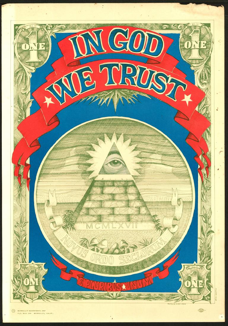 Scarce In God We Trust Poster: No Reserve! Artist: Rick Griffin Medium: Lithograph Printing Date: 1967 Publisher: Berkeley Bonaparte Series: Size: 14" x 20" Created in 1967 as a head shop poster, Rick Griffin combines marijuana lea