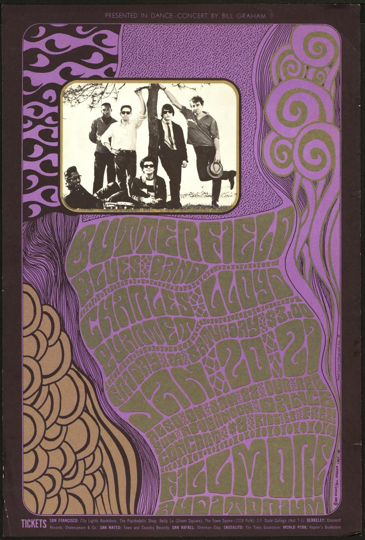 Original BG-46 Paul Butterfield Poster: Artist: Wes Wilson Medium: Lithograph Printing Date: 1967 Publisher: Bill Graham Series: Bill Graham Presents Size: 14 ¾" x 21 ?" An original poster used to promote a series of shows at the Fillmore 
