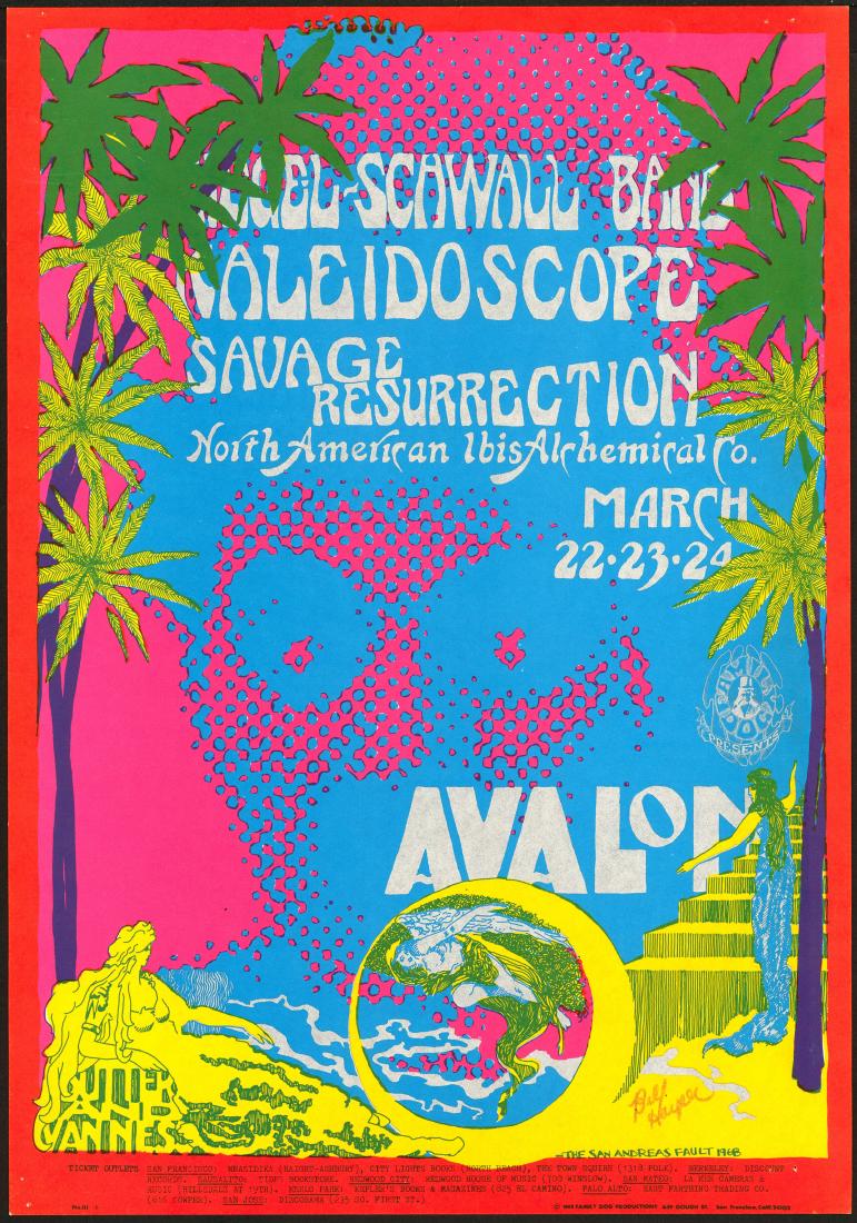 Colorful FD-111 Avalon Ballroom Poster: Artist: San Andreas Fault Medium: Lithograph Printing Date: 1968 Publisher: Family Dog Series: Family Dog Size: 14" x 20" An original poster used to advertise a series of shows featuring The Siegal Sc