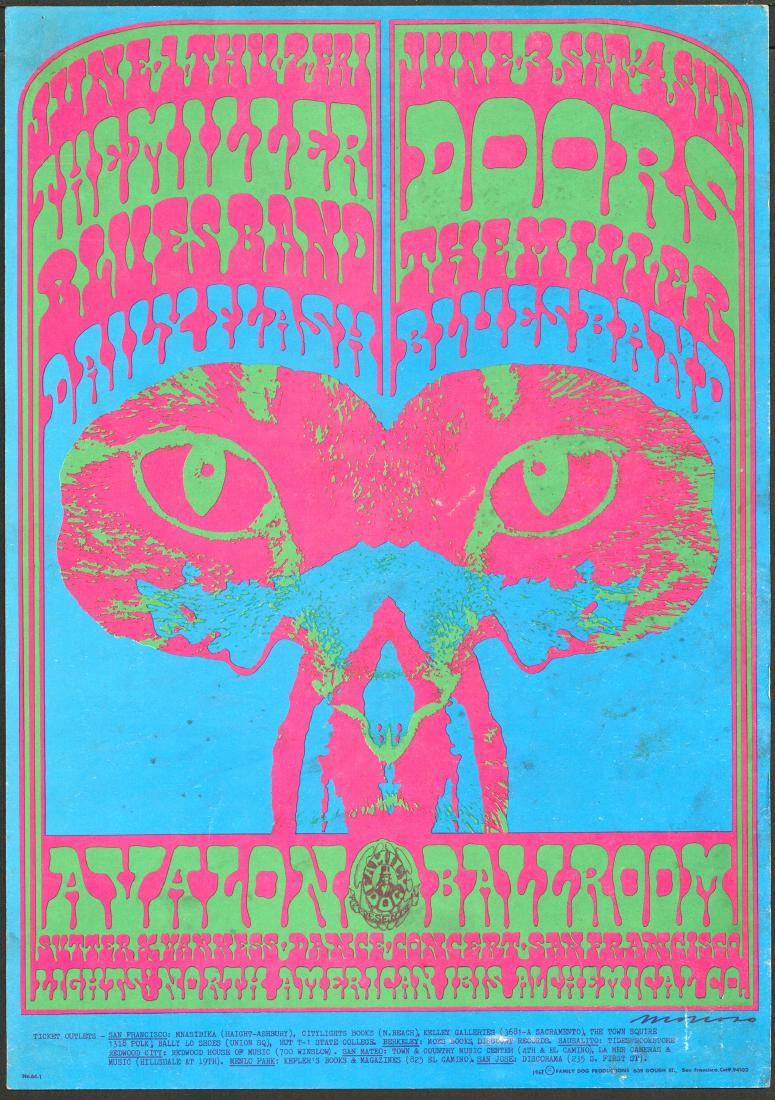 FD-64 Pink Panther Doors Poster: Artist: Victor Moscoso Medium: Lithograph Printing Date: 1967 Publisher: Family Dog Series: Family Dog Size: 14" x 20' A second print poster used to advertise a series of shows featuring The Doors and