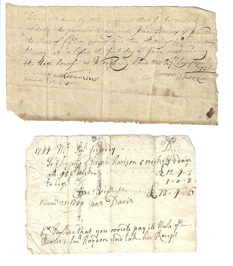 1726 Colonial Promissory Note w/ Another: A 1726 Colonial Promissory Note from Wingham County, signed, and another document dated 1744.; Both Very Good, measuring approx. 7 x 4". Please note that this lot has a confidential reserve. When you 