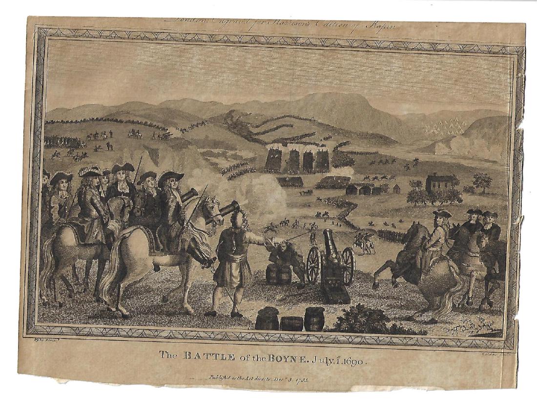 1783 Engraving of Battle of the Boyne: Engraving "The Battle of the Boyne July 1, 1690", printed at London for Harrison and Co. after Rapin. Trimmed and mounted, measures 10 x 7". Please note that this lot has a confidential reserve. When 