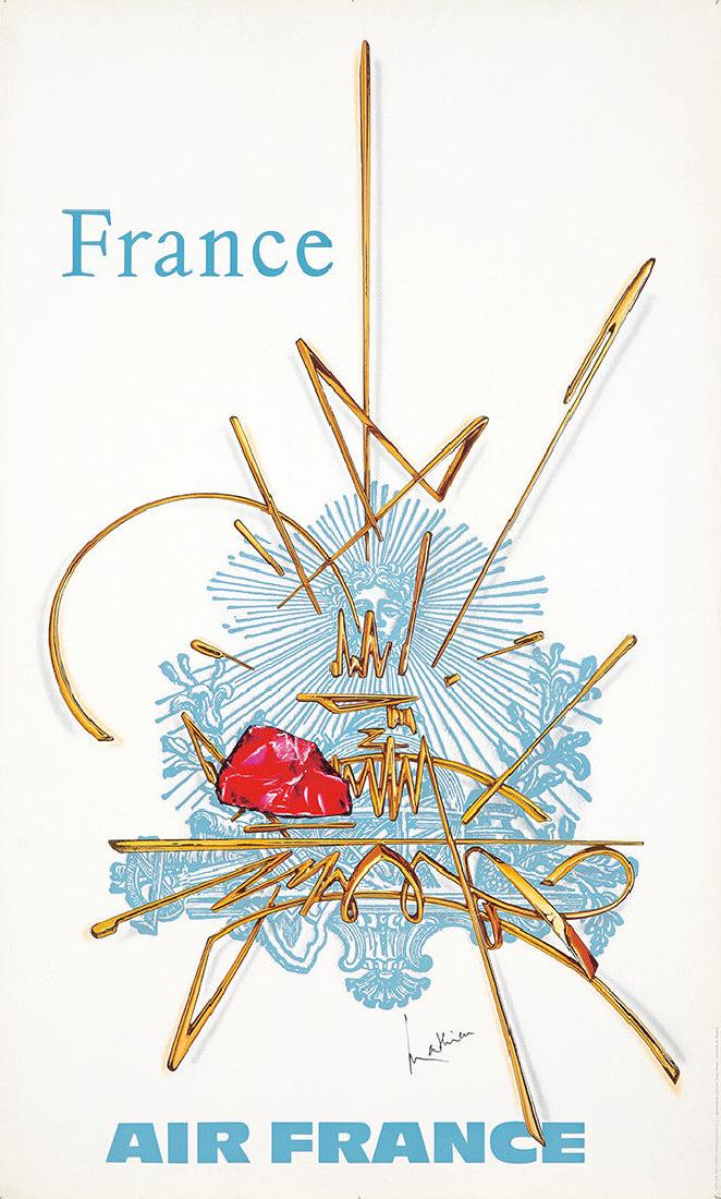 Original Vintage Poster Air France Travel Mathieu: This is an ORIGINAL FIRST PRINTING of this poster by Georges Mathieu. It measures approximately 24 x 39 inches, and is in A condition. Note: This is NOT a reproduction. We only sell ORIGINAL FIRST PRI