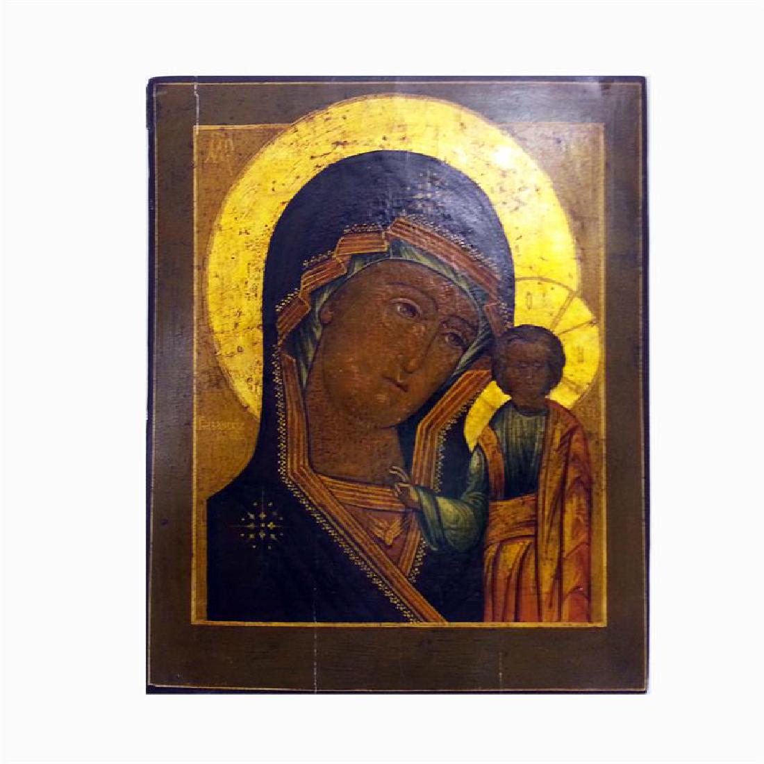 Our Lady Of Kazan: The beautiful and rare antique Russian Icon “Our Lady of Kazan “is was hand painted and hand made in central Russia in 19th century. The artist used Egg tempera on wood with gold leaf.The icon is 