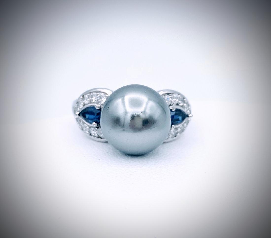 Grey Pearl, Blue Sapphire & CZ 925 SS Ring Sz8 (1 of 3)