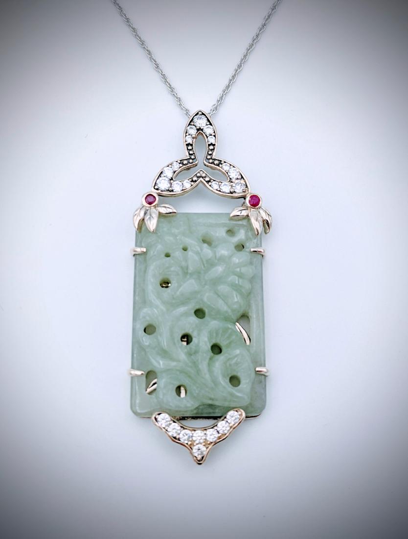 Sterling Silver Necklace w Flower Engraved Jade, Raw (1 of 3)