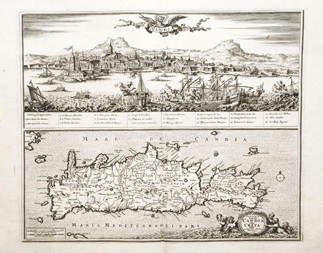 Funcke: Map of Crete/View of Candia (Heraklion): Reserve Reduced! Map Title: Insula & Regnum Candia olim Creta Cartographer: David Funcke Place / Date: Nuremburg / 1700 Size: 20" x 16 1/8" Condition: b&w; some spotting mostly along outer edges of wi