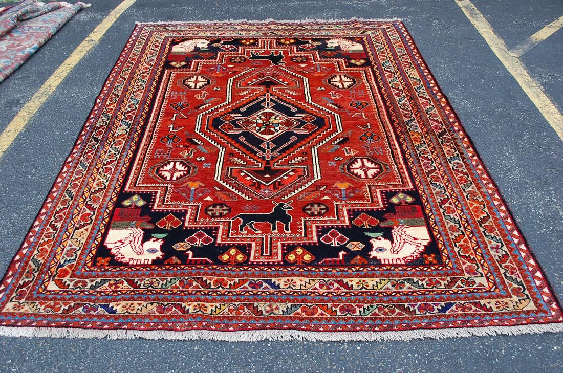 Persian Shiraz Qashkai Rug 6.4x9: Reserve Reduced! Detailed Design horses heads corners Persian Shiraz Qashkai Rug High Kpsi Circa 1930's With great Exact Size of 6'4"x 9' Wool Woven on WOOL Foundation Made to Last for Decades to Come
