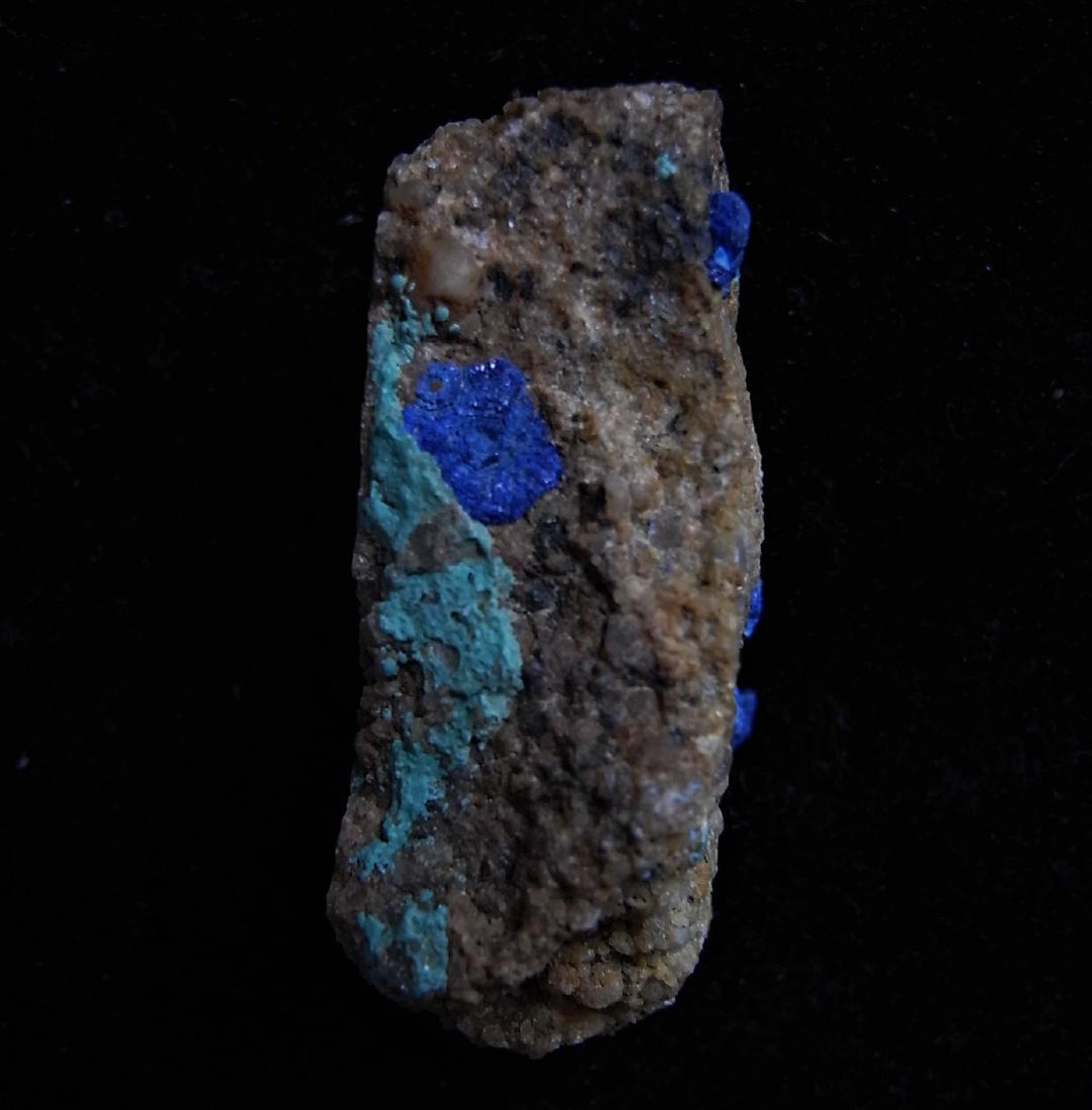 AZURITE & MALACHITE FROM CLASSIC LOCALITY: Title: AZURITE & MALACHITE FROM CLASSIC LOCALITY Origin: Spania Dolina, Slavakia Size: 3x1x1 cm / 12 gram depp blue azurite crystals with some dark green malachite on matrix Please note that this lot