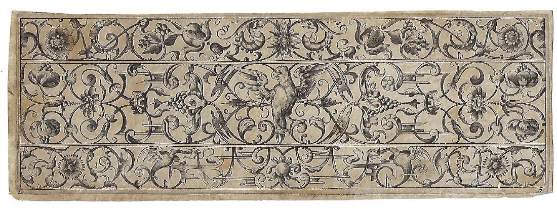 1566 Decorative engraving Du Cerceau Grotesques: C1566 engraved panel by Jacques Androuet Du Cerceau (1510/12-1585) from his work "Livres de Grotesques". This panel measures 9 x 3.25". Fine. Please note that this lot has a confidential reserve. When