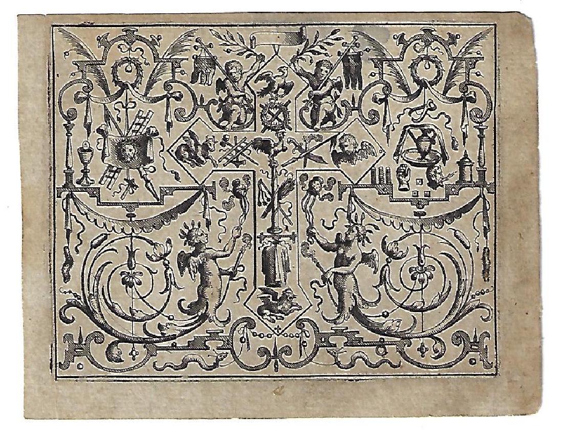 1566 Decorative engraving Du Cerceau Grotesques: C1566 engraved panel by Jacques Androuet Du Cerceau (1510/12-1585) from his work "Livres de Grotesques". This panel measures 4.25 x 3.5". Fine. Please note that this lot has a confidential reserve. Wh