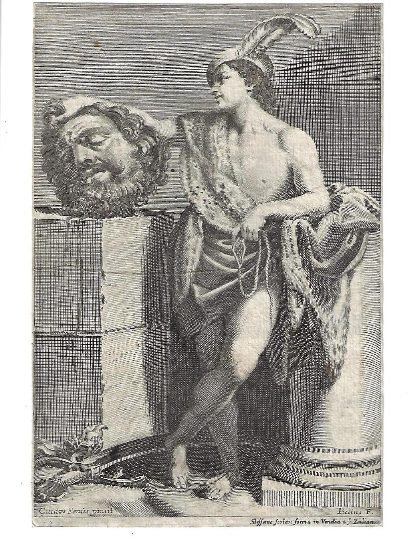 1650 Engraving David w/ Goliath's Head Piccini: Engraving of David with Goliath’s head, engraved by Giacomo Piccini after Guido Reni and published by Stefano Scolari. Printed at Venice circa 1635-1670. Fine condition, measures 6 x 9". Please note