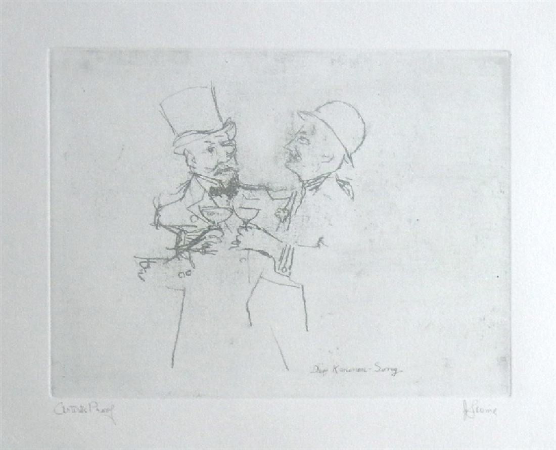 Jack Levine signed original etching "Der Kanonen Song": Medium: original soft ground etching, signed in pencil and annotated "Artist's Proof". This etching was executed in 1967 for the "Dreigroschen Film" series, for the limited edition portfolio published