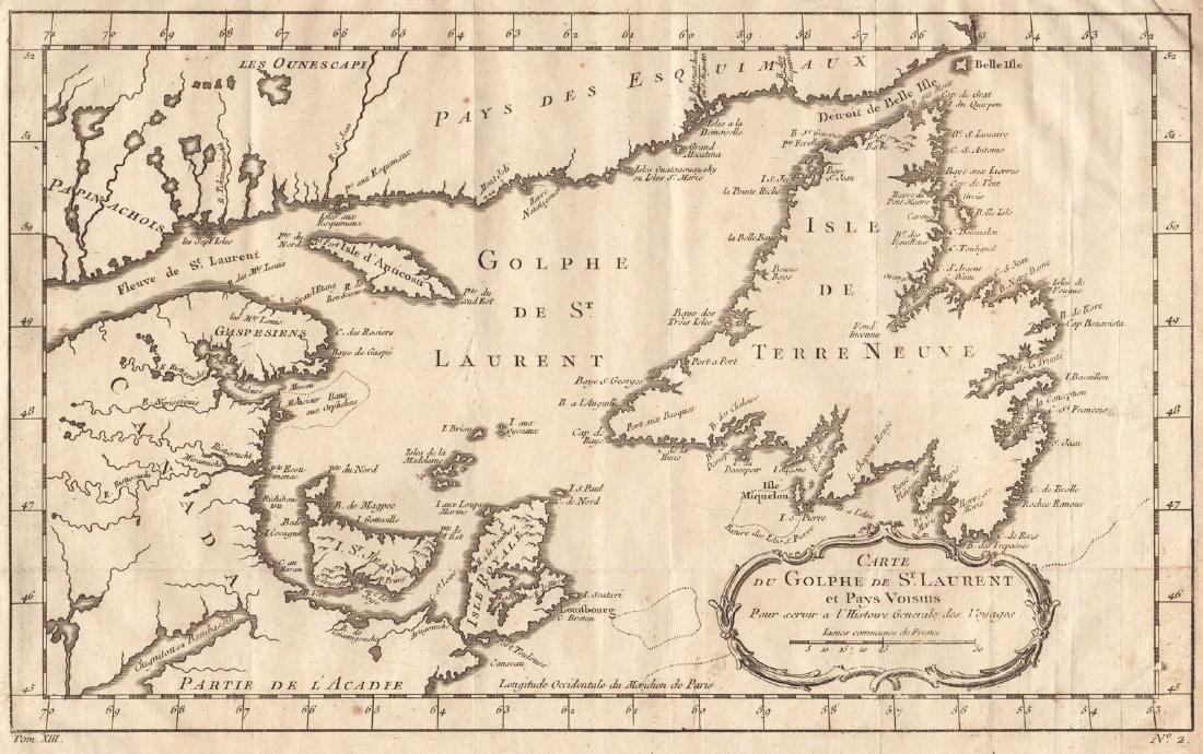 Bellin: Newfoundland, Cape Breton, Prince Edward Isles: Reserve Reduced! Title of Map: Carte du Golphe de St. Laurent et Pays Voisins Cartographer: Bellin Place / Date: Paris / 1753/1760 Size: 10 3/4" x 8 1/8" Condition: b&w; overall age toning; a few smal