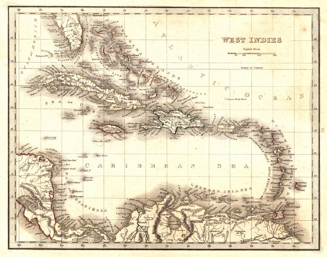 West Indies: Reserve Reduced! Title/Content of Map: West Indies Date: 1835 Cartographer: Bradford, T.G. Material/Medium: William D. Ticknor Size: 7.6 x 9.75 inches Map showing countries separately outline colored.