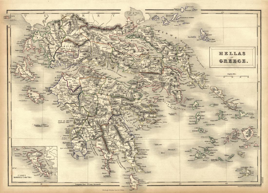Hellas Or Greece.: Reserve Reduced! Title/Content of Map: Hellas Or Greece. Date: 1847 Cartographer: Sidney Hall Material/Medium: Adam & Charles Black Size: 11.75 x 15.75 inches Plate XXXIV. Inset of Corfu. Margins brow