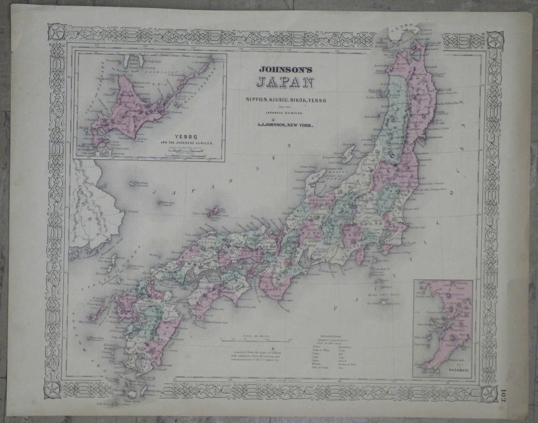 Johnson's Japan Nippon, Kiusiu, Sikok, Yesso and the: Reserve Reduced! Title/Content of Map: Johnson's Japan Nippon, Kiusiu, Sikok, Yesso and the Japanese Kuriles Date: 1865 ca. Cartographer: JOHNSON AND WARD Material/Medium: A.J. Johnson Size: 13 x 15.3