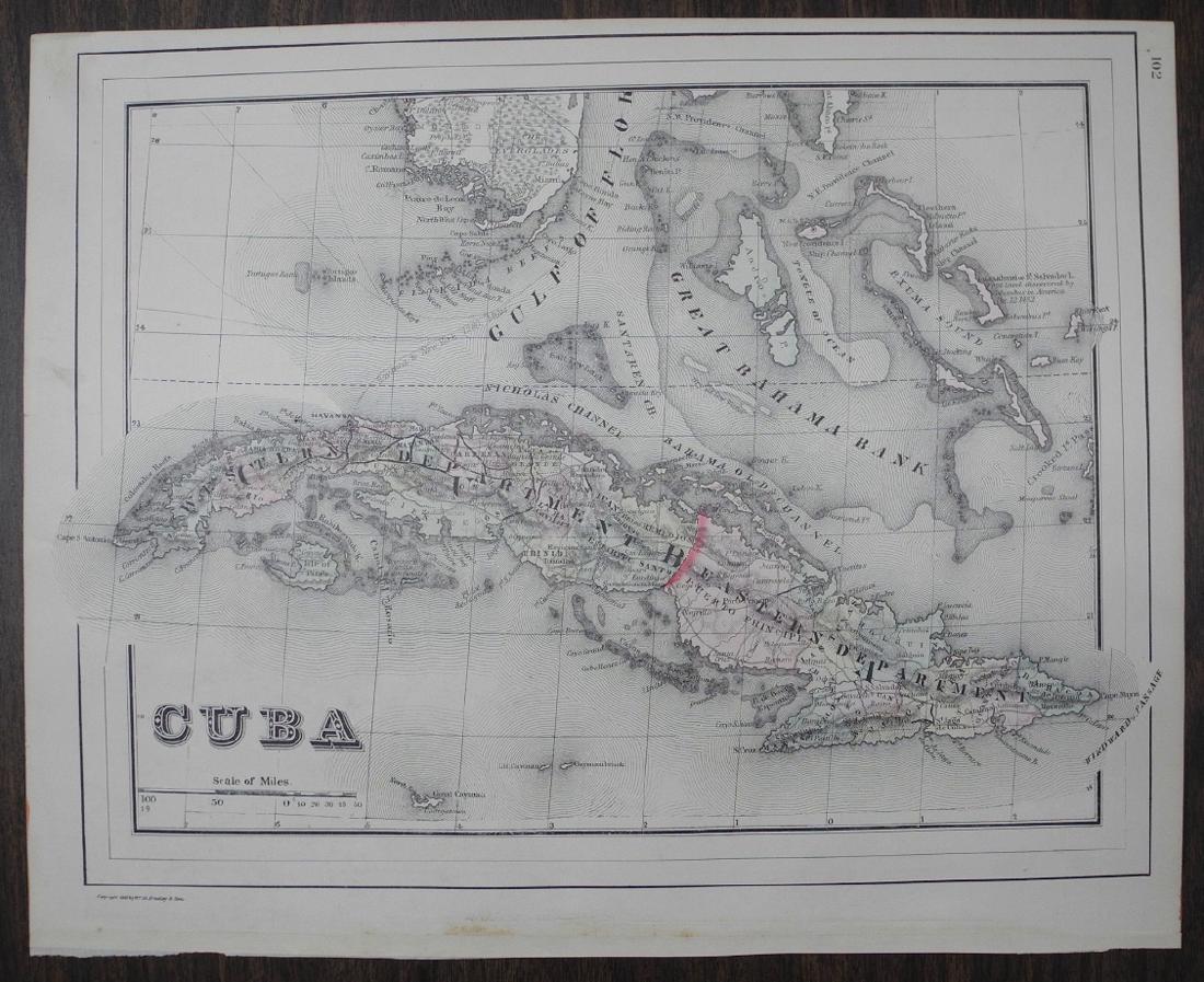 Cuba: Reserve Reduced! Title/Content of Map: Cuba Date: 1888 Cartographer: BRADLEY, WM. M. Material/Medium: WM. M. BRADLEY & BROS. Size: 11 x 14.5 inches Detailed map showing districts, towns, bays, roads, 