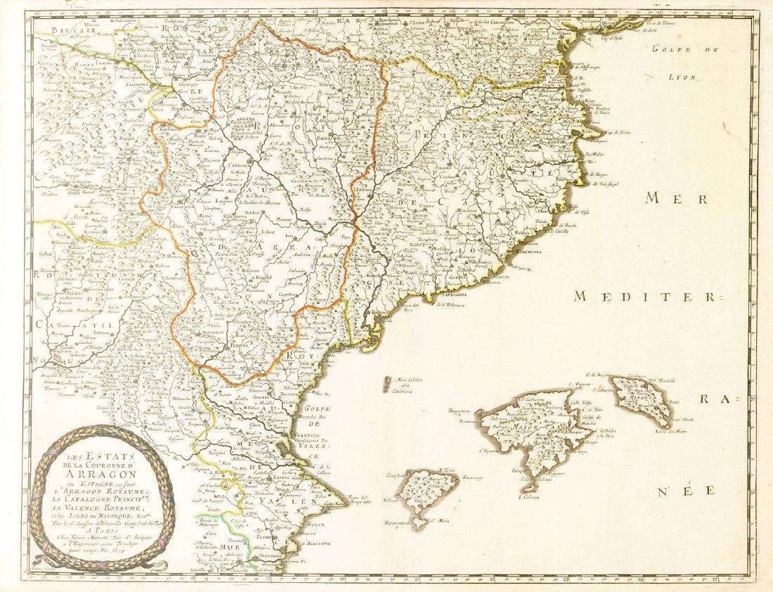 Sanson: Kingdom of Aragon (NE Spain & Balearic Isles): Reserve Reduced! Title of Map: Les Estats de la Couronne d'Arragon en Espagne Cartographer: Sanson/Mariette Place / Date: Paris / 1653 Size: 15" x 8 1/4" Condition: outline color; light overall age to