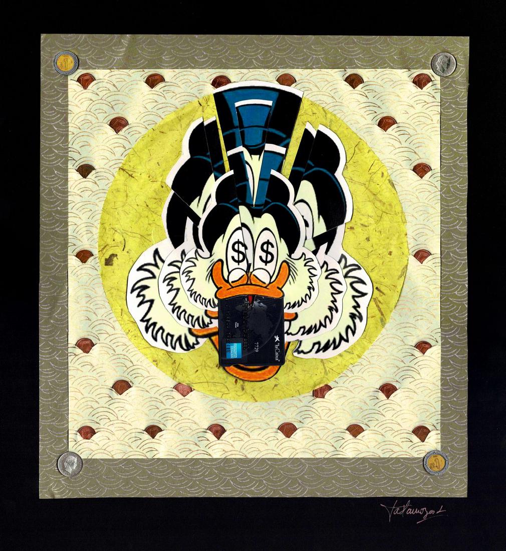 Collage - Uncle Scrooge - Moneyrain: Artist: Llamozas, Ia Title: Collage - Uncle Scrooge - Moneyrain Medium: Collage Size: 19.3 x 17.3 in Publisher: Disney Series: Disney • Hand signed by Juapi • Includes CoA This amazing original co