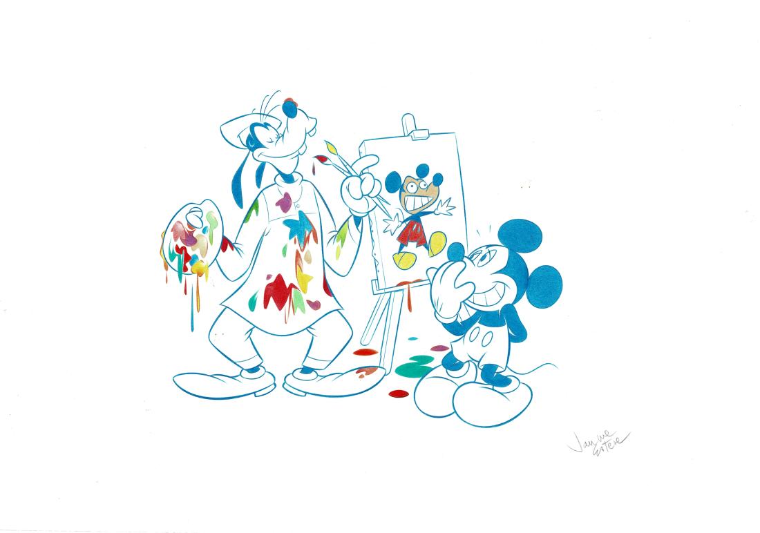 Original Drawing - Artist Goofy & Mickey: Artist: Esteve, Jaume Title: Original Drawing - Artist Goofy & Mickey Medium: Color Indian Ink on Cardboard Size: 19.7 x 13.8 in Publisher: Disney Series: Disney • Hand Signed by Artist • Includes