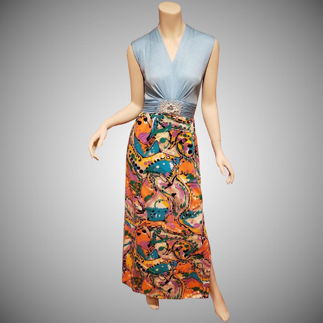 Vtg 1970's Jeweled maxi Mod gown Jersey multi hobo chic: No Reserve! Aqua blue top color bodice with front jeweled pearl detail. Jersey polly crepe. Skirt is a silky voile crepe multi colored psychedelic design print, with dep side slits. A beauty. Bust-34-
