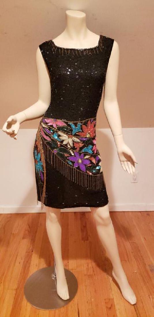 Vtg Unique bold sequined Art Deco floral beaded dress (1 of 5)