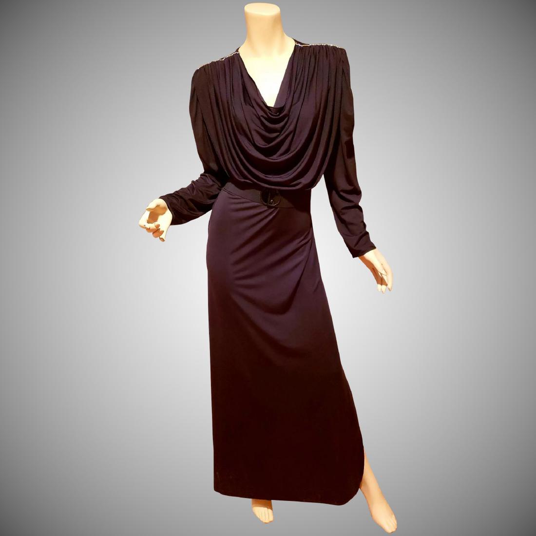 Vtg Oscar de La Renta for Swirl Caftan grecian draped: No Reserve! Iconic dress by an Iconic Designer. Oscar d La Renta for Swirl. Grecian dramatic draped neckline ,Fabric gathered at shoulders toped with glass crystal rhinestones. Thin Jersey that is vry