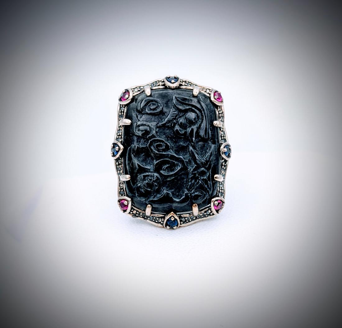 Sterling Silver Carved Nuumite Ring w Blue & Pink (1 of 4)