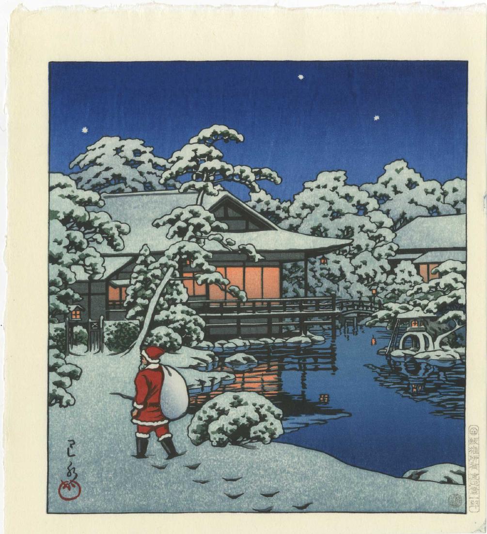 Hasui Kawase Woodblock Santa in a Japanese Garden: Artist: Hasui Kawase Title: Santa in a Japanese Garden Publisher: Watanabe Date: 1950s, this later printing from recarved woodblocks Medium: Japanese Woodblock Print Size: shikishi, 9.6 x 10.5 inches 