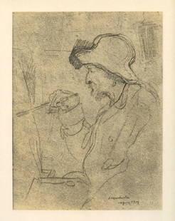 Portrait of Renoir by Albert Andre: Medium: lithograph (after the pencil drawing). This composition was executed by the artist Albert Andre, and is a fascinating portrait of Impressionist master Renoir at work. Printed by Mourlot in 195