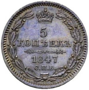 Russia Nicholas I 5 KOPECKS 1847 SPB-PA, Bit.: 402. UNC: Russia Nicholas I 5 KOPECKS 1847 SPB-PA, Bit.: 402. UNC 1847 Silver UNC Reserve: $530.00 Shipping:Domestic: Flat-rate of $15.00 to anywhere within the contiguous U.S.International: Foreign shipping