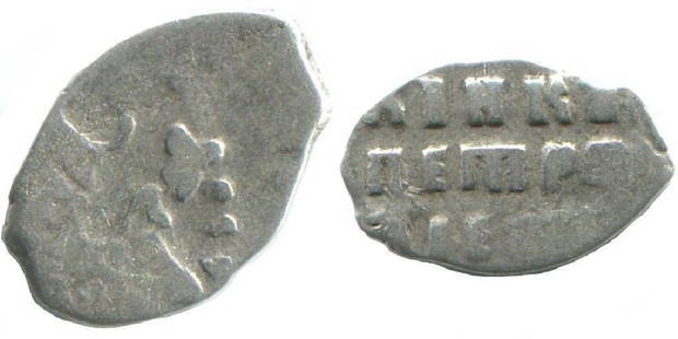 RUSSIA 1700 PETER I The GREAT WIRE SILVER KOPEK OLD: No Reserve! RUSSIA 1700 PETER I The GREAT WIRE SILVER KOPEK OLD Mint MOSCOW 1700 Silver Weight: 0,3 gr , Diameter: 8 mm Obv: Horse Rider,Rev: Great Tsar Peter;AMC Catalog ID: AB541. Circulated