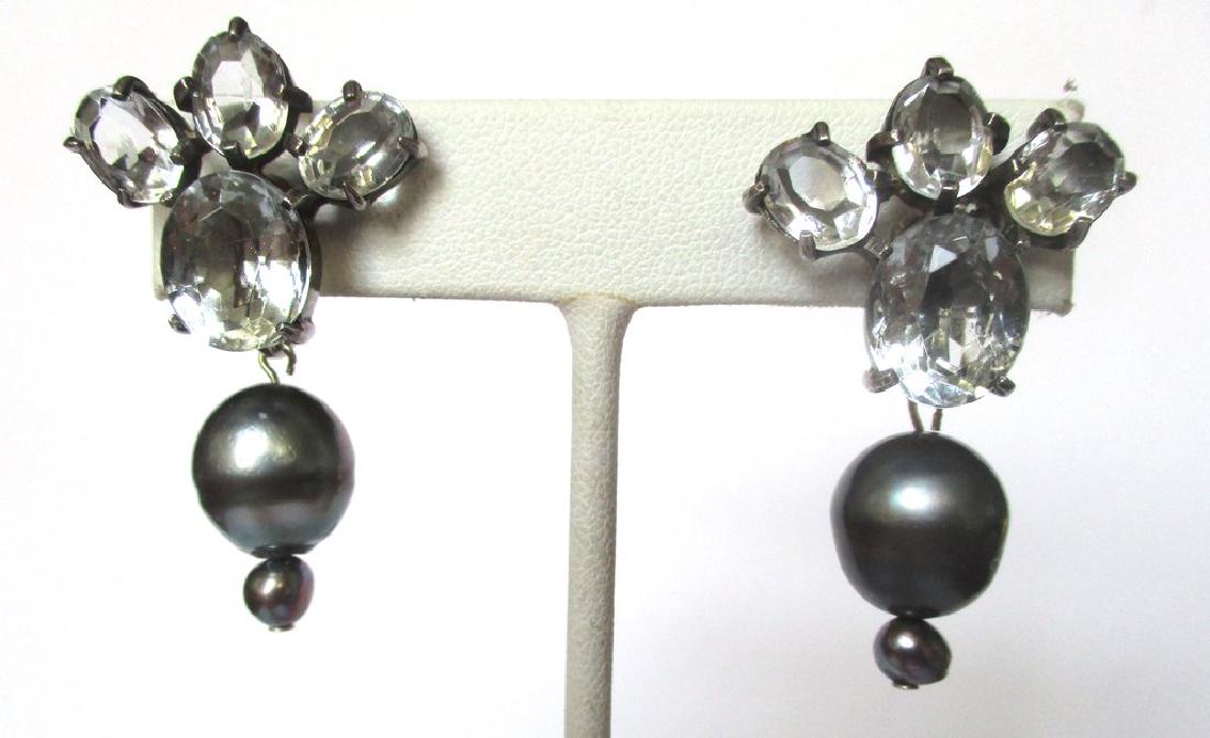 Pair of Vintage Sterling Silver Screw-Back Earrings: Pair of Vintage Screw-Back Earrings Circa. 1940 American Oval paste stones set in sterling silver with suspended cultured pearls. Paste stones are a pale bluish gray. Pearls are a darker gray with blu