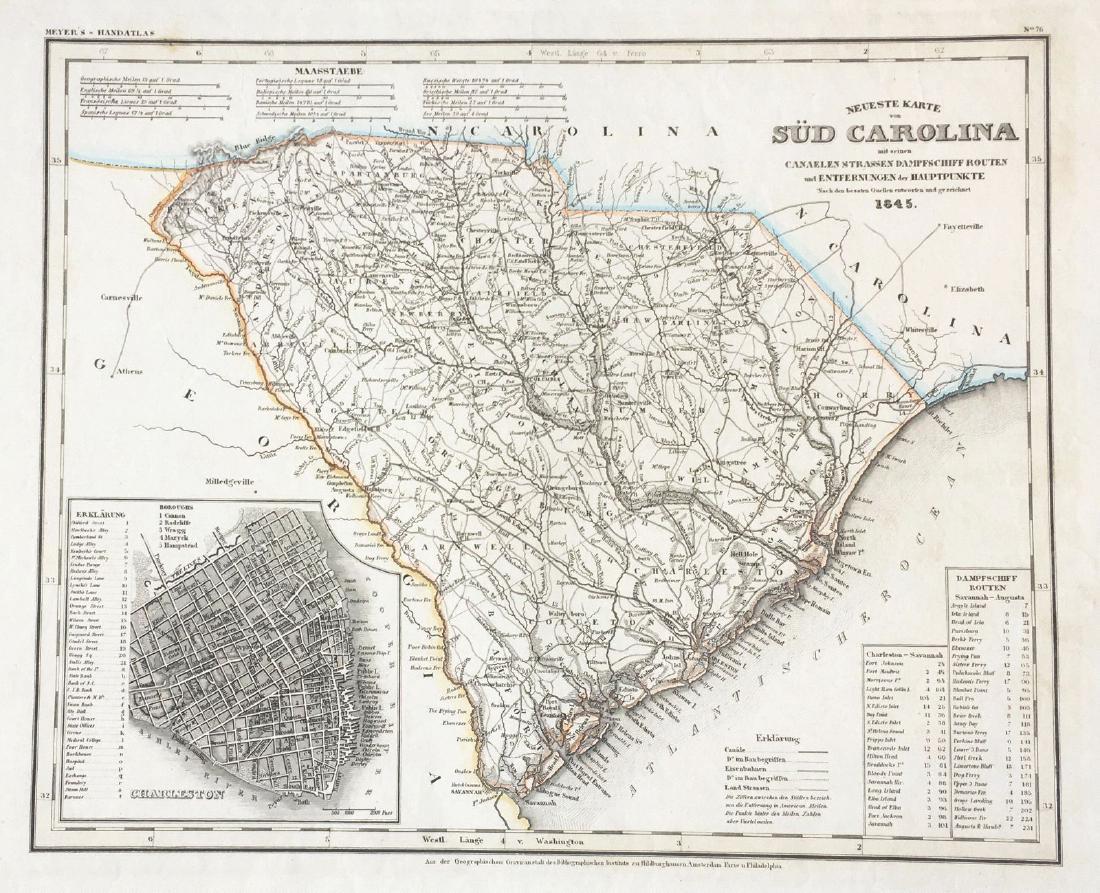 Meyer: South Carolina with Charleston Inset: Reserve Reduced! The beautifully detailed and colored map of South Carolina "with its canals, streets, steamship routes and distances between main towns" from the 1845 edition of Meyer's Hand-Atlas. I